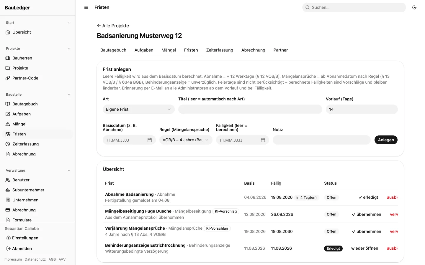 VOB-Fristen in BauLedger: Abnahme nach § 12 VOB/B, Verjährung der Mängelansprüche und Mängelbeseitigung mit berechneter Fälligkeit.