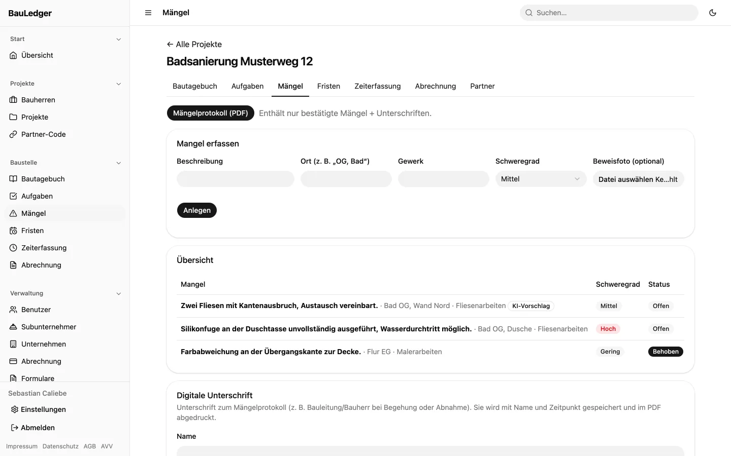 Mängelliste in BauLedger mit Ort, Gewerk, Schweregrad und Status, dazu die Schaltfläche für das Mängelprotokoll als PDF.